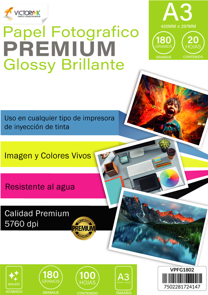 Papel Fotografico Glossy A3 (29.9 x 42.5 cm)/ 20 Hojas 180gr