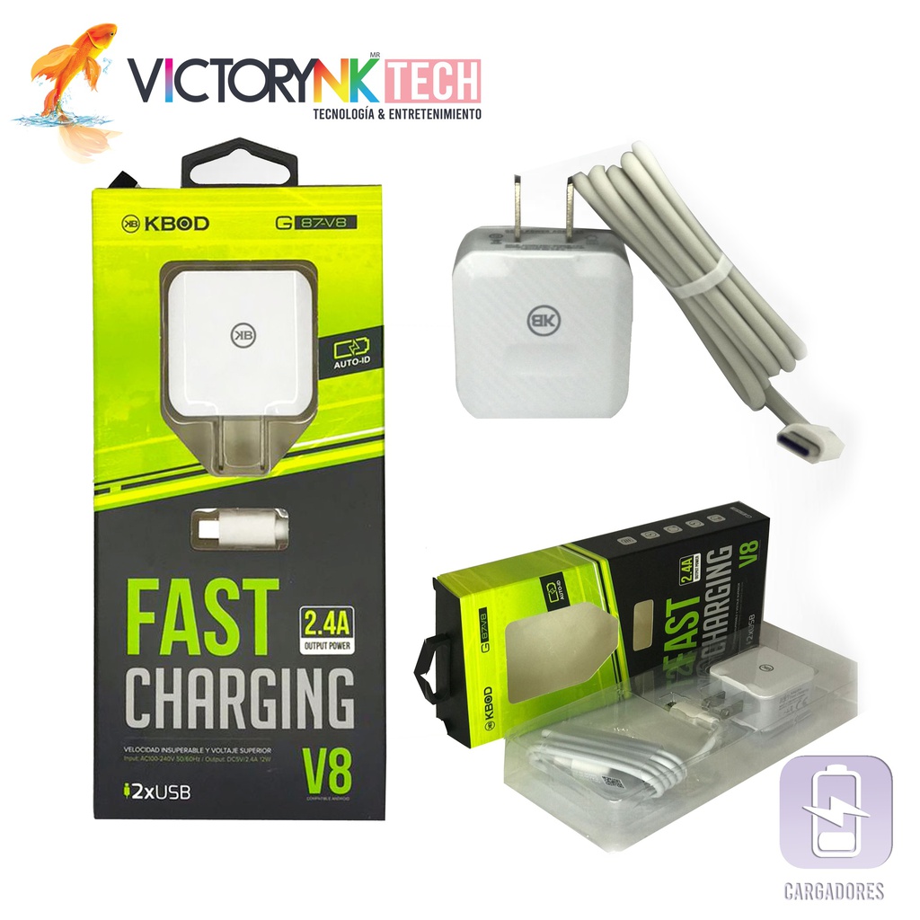 Cargador combo carga rápida USB a tipo V8, con 2 puertos USB, 2.4A, 1m Kbod G87V8