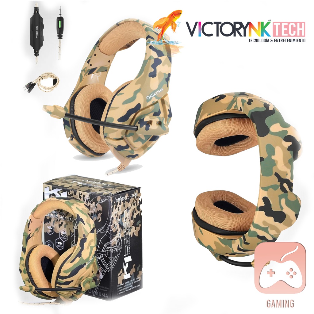 Audífono diadema gaming con micrófono, 3.5mm, HiFi, led, alcance 5.0, surround, estilo militar Amarillo Onikuma K1B