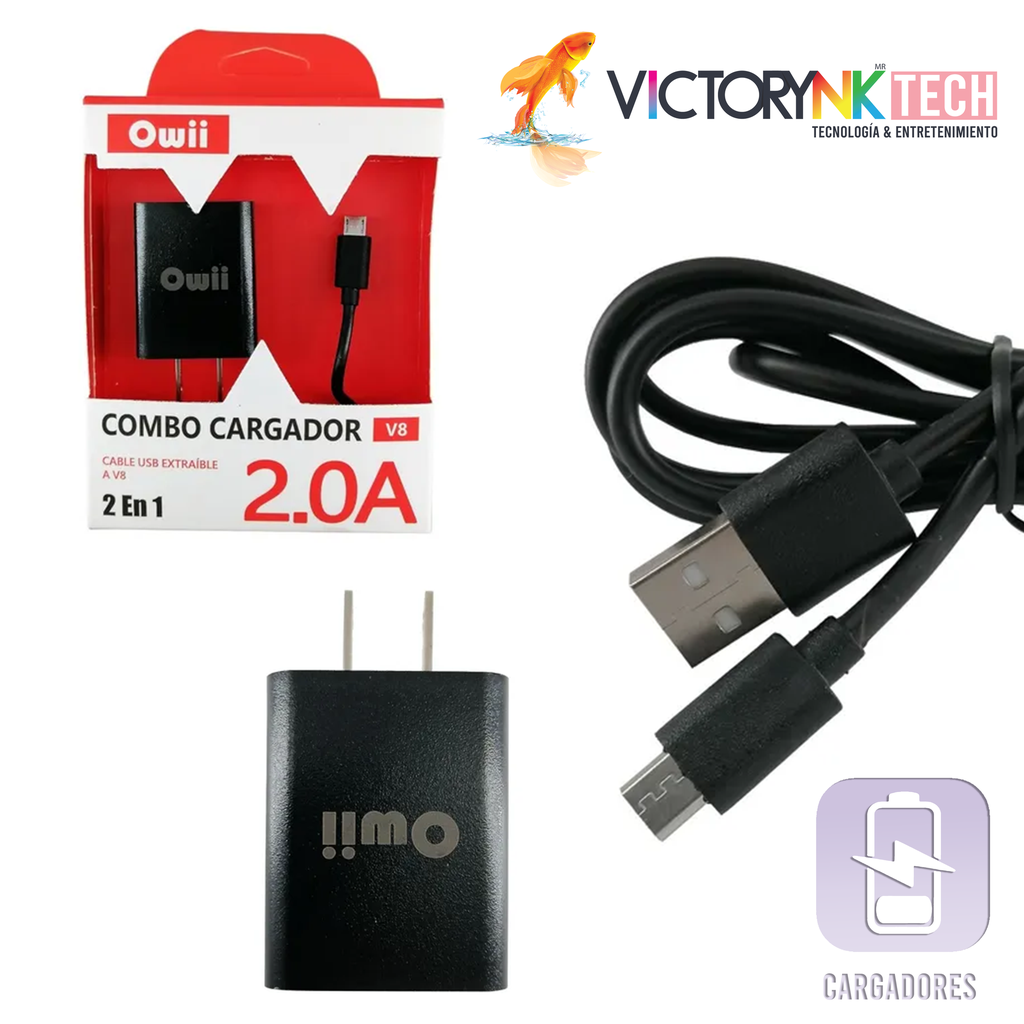 Cargador combo USB a tipo V8, 2.0A Owii CHA001