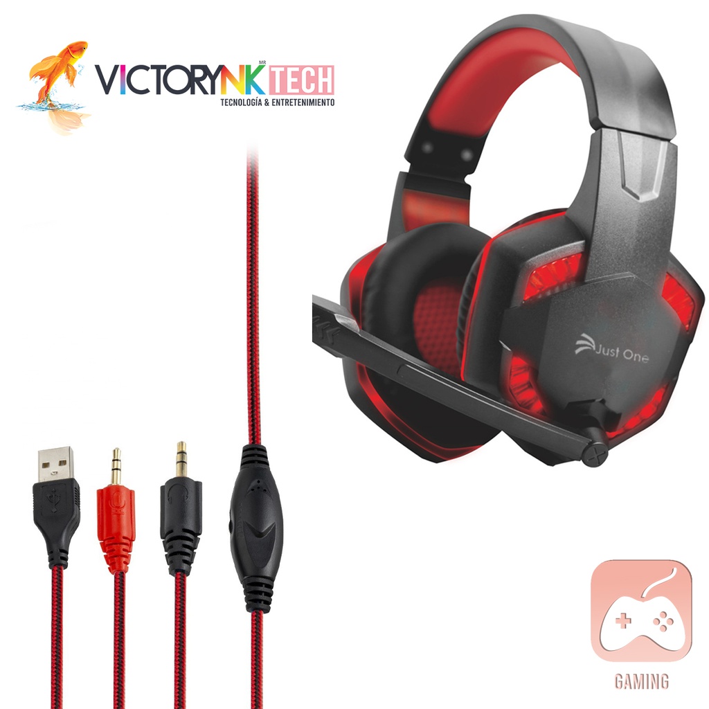 Audifonos de Diadema Gaming con luz led RGB retroilumin con micrófono Onikuma JustOne OS884 Rojo con negro