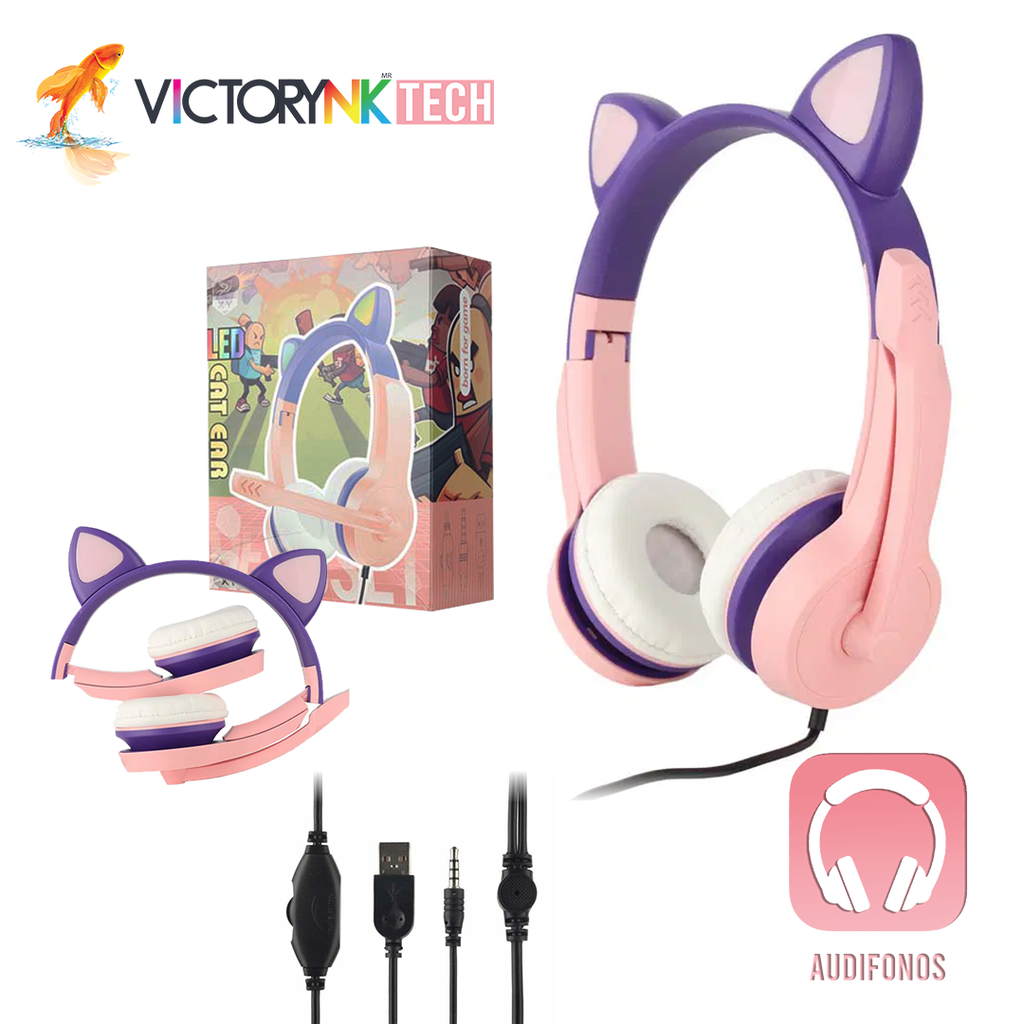 Audifono de Diadema Gato Kawaii 3.5 Alambrico Plegable con Microfono Gaming, HiFi 5.0-EDR TKM251BPK