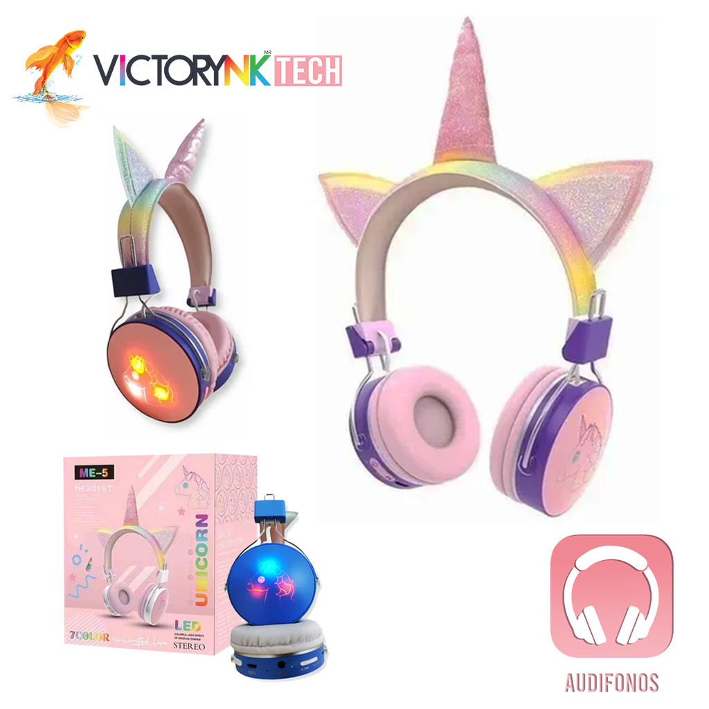 Audifono de diadema unicornio kawaii inalambrico Bluetooth plegable luces led rgb, HiFi 5.0-EDR TKM270B 