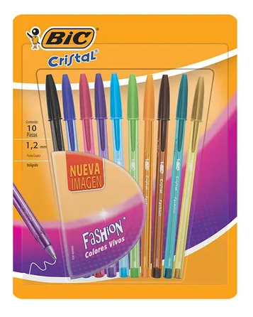 Boligrafos de colores cristal fashion escritura colorida y suave, punto grueso 1.2mm 10 piezas Bic