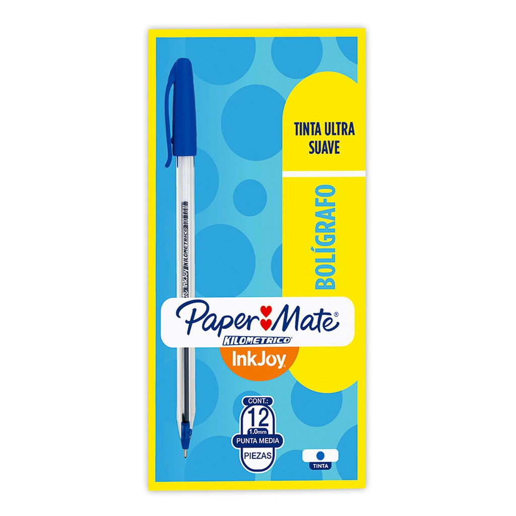 Boligrafo 1.0mm punta media paper mate kilometrico, tinta ultra suave color azul 12 piezas InkJoy