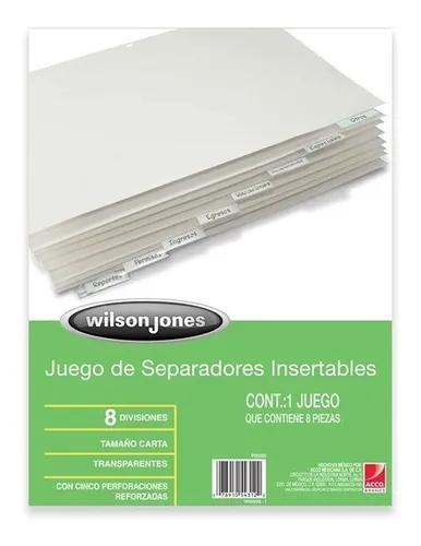 Juego de 8 separadores insertables transparentes tamaño carta con cinco perforaciones reforzadas Acco 