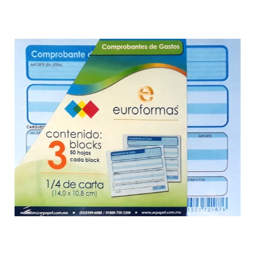 Bloc comprobante de gastos tamaño 1/4 de carta 14x10.8cm, contenido 3 blocks de 50 hojas cada uno Euroformas