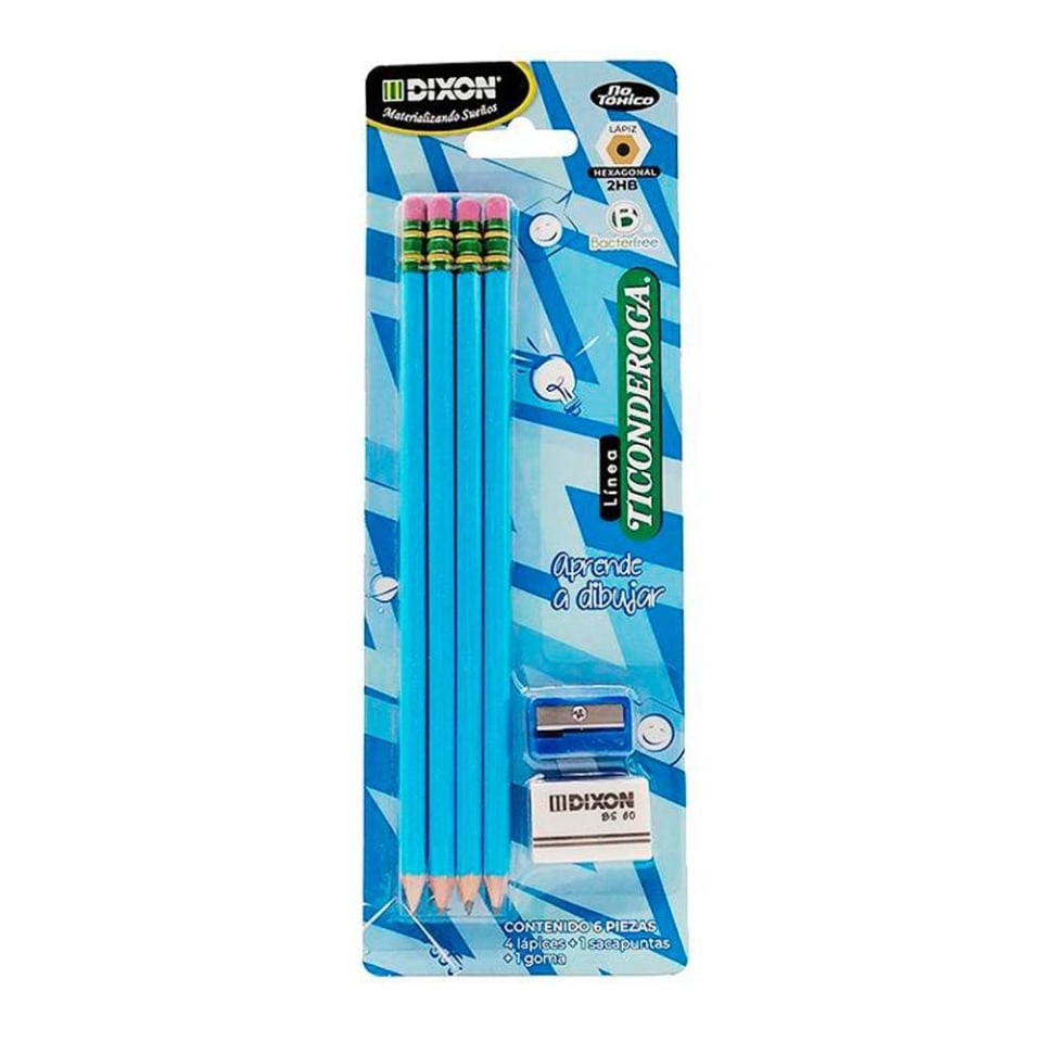 Lapiz grafito hexagonal 2HB (4 pzas, Sacapuntas y goma) dixon ticonderoga