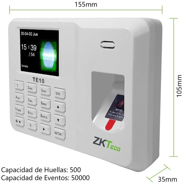 Terminal Biométrica  500 huellas, 50,000 eventos , Función SSR integrada TE10 Zkteco