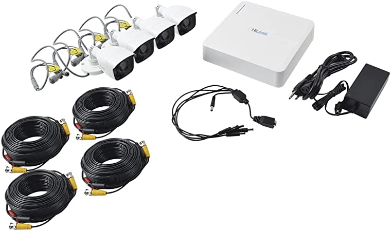 DVR Kit de 4 Camaras Bala de Policarbonato Turbo HD 720P Hilook, 4 Canales, Disco Duro 1TB, 4 Cables 18 Metros, 1 Fuente de Poder Profesional Seedary THILOOK4