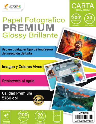 [VPFG200CAR] Papel Fotografico Glossy Carta/ 20 Hojas 200gr