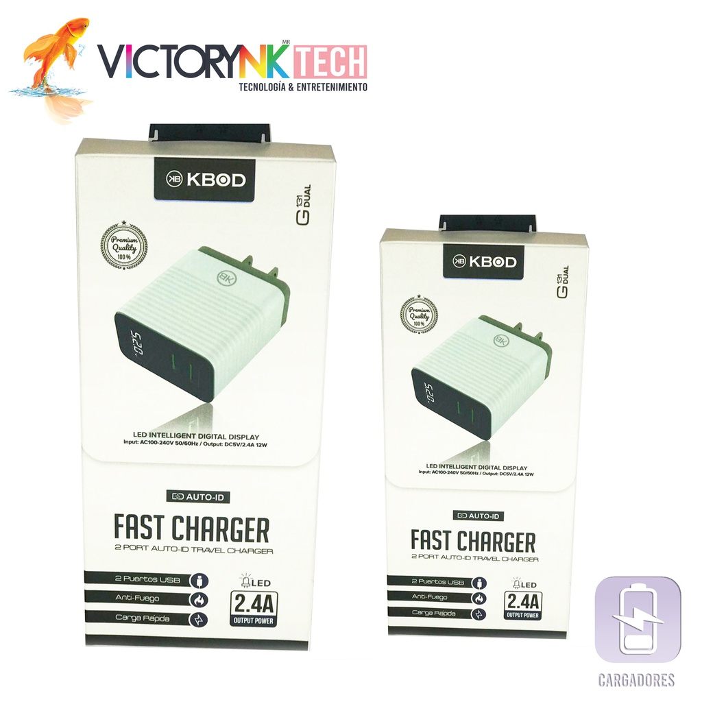[TG131DUAL] Cargador turbo carga rápida tipo V8, con 2 puertos USB, 2.4A 1m Kbod G131DUAL