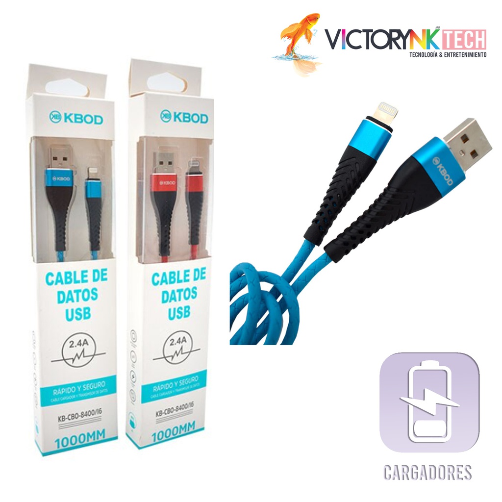 Cable cargador y transmisor de datos para ios iphone, carga rápida, reforzado, uso rudo 2.4A, 1m Kbod TKBCBO8400