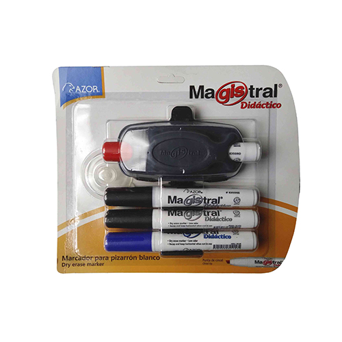 [PMARC4+1] Marcadores para pizarron blanco, punta de cincel, 4 pack colores dos negros, rojo, azul + borrador Magistral Didactico