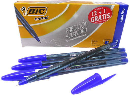 [PPLCRISTULTRAB] Boligrafo cristal escritura ultrafina precision y suavidad, punto ultrafino 0.7mm, tinta azul 12 piezas+1 gratis, Bic