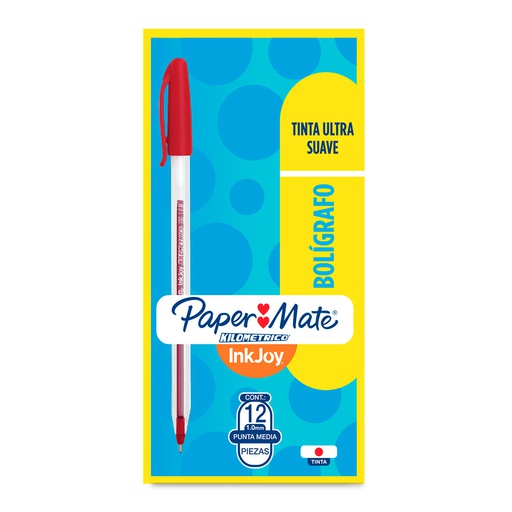 [PPLPAPERKMRD] Boligrafo 1.0mm punta media paper mate kilometrico, tinta ultra suave color rojo 12 piezas InkJoy