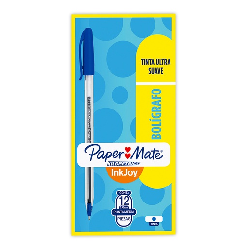 [PPLPAPERKMB] Boligrafo 1.0mm punta media paper mate kilometrico, tinta ultra suave color azul 12 piezas InkJoy