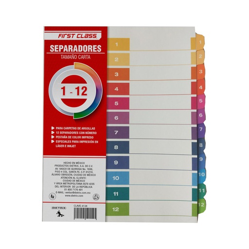 [PSEPAR12COLOR] Juego de 12 separadores de colores tamaño carta con cinco perforaciones + refuerzos Dietrix