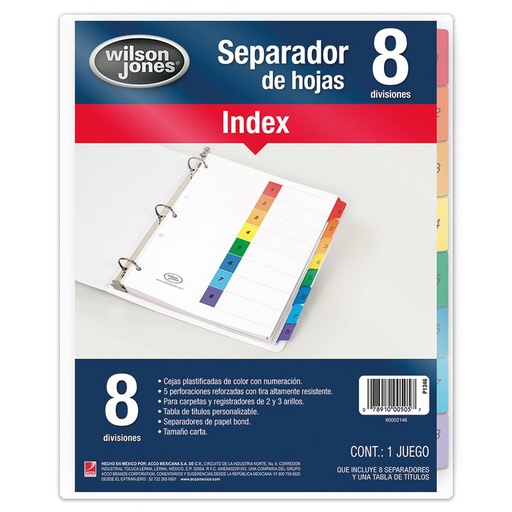 [PSEPAR8] Juego de 8 separadores index de colores tamaño carta con cinco perforaciones reforzadas con numeracion Acco