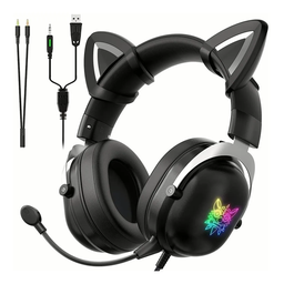 [TB100] Audifono Diadema Gaming de Gato Catear con Microfono, 3.5mm, HiFi, alcance 5.0 Bluetooth Negro con Luz Led RGB TB100