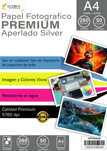 [VPFPERGR] Papel Fotografico Aperlado Gris Silver A4 (210 x 297 mm) 50 Hojas dpi5760 260gr